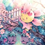  bush caomor cherrim cherry_blossoms closed_eyes commentary creatures_(company) fence flower game_freak gen_4_pokemon light_rays nintendo no_humans open_mouth outdoors pink_flower pokemon pokemon_(creature) smile sunbeam sunlight symbol_commentary traditional_media tree tree_branch watercolor_(medium) 