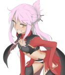  1girl bent_over breasts chloe_von_einzbern commentary_request dark_skin eyebrows_visible_through_hair fate/kaleid_liner_prisma_illya fate_(series) hair_between_eyes hair_ornament hair_stick highres jacket long_hair looking_at_viewer orange_eyes pink_hair red_jacket red_skirt simple_background skirt small_breasts smile solo stomach_tattoo tatsu_(tanishi_24) tattoo white_background 
