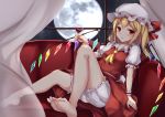  1girl :d arm_support bare_legs barefoot blonde_hair blush commentary_request couch crystal cup drinking_glass fang feet flandre_scarlet full_body full_moon hat hat_ribbon highres holding holding_cup kashiwagi_yamine knee_up legs looking_at_viewer medium_hair mob_cap moon night on_couch open_mouth puffy_short_sleeves puffy_sleeves red_eyes red_ribbon red_skirt red_vest ribbon short_sleeves sitting skirt sky smile solo star_(sky) starry_sky touhou vampire vest wine_glass wings 