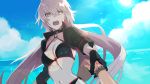  1girl bikini black_bikini black_gloves black_sleeves blue_sky bracelet breasts choker cleavage clouds collarbone day eyebrows_visible_through_hair fate/grand_order fate_(series) floating_hair gloves hair_between_eyes holding_hand jeanne_d&#039;arc_(alter_swimsuit_berserker) jeanne_d&#039;arc_(fate)_(all) jewelry lens_flare long_hair looking_at_viewer medium_breasts o-ring o-ring_bikini open_mouth outdoors sakamoto_bin shiny shiny_skin shrug_(clothing) silver_hair sky sun sunlight sweatdrop swimsuit upper_body very_long_hair yellow_eyes 