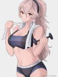  1girl absurdres bikini breasts cleavage closed_mouth corrin_(fire_emblem) corrin_(fire_emblem)_(female) cute dumbbell female_my_unit_(fire_emblem_if) fire_emblem fire_emblem_14 fire_emblem_fates fire_emblem_if grey_background highres intelligent_systems kamui_(fire_emblem) kamui_(fire_emblem)_(girl) long_hair manakete medium_breasts moe my_unit_(fire_emblem_if) navel nintendo ponytail red_eyes simple_background smile sports_bikini the_kingduke training twitter_username weightlifting weights white_hair 