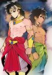  2boys abs armlet arms_at_sides back-to-back black_eyes black_hair black_outline blurry blurry_background bracelet broly broly_(dragon_ball_super) brown_hair chuya_hukuaka clenched_hands clothes_around_waist commentary_request dark_skin dark_skinned_male dragon_ball dragon_ball_super_broly dragonball_z dual_persona earrings expressionless feet_out_of_frame height_difference highres hoop_earrings jewelry looking_at_another looking_away looking_back male_focus multiple_boys necklace nipples outline profile shirtless standing tiara time_paradox white_outline wristband 
