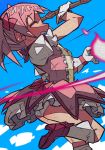  1girl :d ^_^ absurdres ass bow bow_(weapon) bubble_skirt closed_eyes closed_eyes eyebrows_visible_through_hair gloves hair_bow highres holding holding_bow_(weapon) holding_weapon kaname_madoka leg_up magical_girl mahou_shoujo_madoka_magica mary_janes open_mouth panties pink_bow pink_footwear pink_hair pink_skirt puffy_short_sleeves puffy_sleeves shoes short_hair short_sleeves skirt smile socks solo teeth twintails underwear weapon white_gloves white_legwear white_panties yaya_hiyayaka 