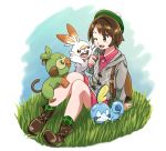  1girl arm_support boots brown_footwear brown_hair creatures_(company) daihuku611 female_protagonist_(pokemon_swsh) full_body game_freak gen_8_pokemon grass green_headwear green_legwear grey_cardigan grookey hood hood_down hooded_cardigan miniskirt nintendo plaid plaid_legwear pokemon pokemon_(creature) pokemon_(game) pokemon_swsh red_skirt scorbunny short_hair sitting skirt sobble socks solo white_background 