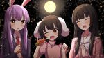  3girls :d \m/ animal_ears arms_up blurry blush bow bowtie bright_pupils brown_hair carrot commentary_request depth_of_field dress eyebrows_visible_through_hair fang forest full_moon hair_between_eyes hands_together head_tilt hime_cut holding houraisan_kaguya inaba_tewi light_particles long_hair long_sleeves looking_at_viewer moon multiple_girls nature necktie night night_sky one_eye_closed open_mouth outdoors pink_dress puffy_short_sleeves puffy_sleeves purple_hair rabbit_ears red_eyes red_neckwear reisen_udongein_inaba shirt short_hair short_sleeves sky smile standing suit_jacket touhou tsukimirin upper_body very_long_hair white_neckwear white_pupils white_shirt 