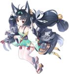  1girl :o animal_ear_fluff animal_ears antenna_hair azur_lane bare_shoulders black_hair blush bow cannon closed_eyes closed_mouth collarbone detached_sleeves dress fox_ears full_body green_bow green_dress green_sleeves grey_background hair_bow holding holding_wrench kaede_(003591163) long_hair long_sleeves looking_at_viewer machinery nose_blush official_art parted_lips red_eyes remodel_(azur_lane) rudder_footwear short_dress sleeveless sleeveless_dress sleeves_past_wrists smile thigh-highs transparent_background turret twintails very_long_hair white_legwear wide_sleeves wrench yellow_bow yuubari_(azur_lane) zouri 