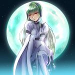 1girl bangs bodysuit c.c. code_geass full_moon green_hair highres invisible_chair long_hair looking_at_viewer moon parted_lips shiny shiny_hair sitting sky sleeves_past_fingers sleeves_past_wrists solo star_(sky) starry_sky very_long_hair wadapen white_bodysuit yellow_eyes 