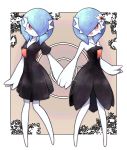  2girls alternate_color bare_shoulders black_dress blue_hair breasts cleavage creatures_(company) dress flower game_freak gardevoir gen_3_pokemon hair_flower hair_ornament hair_over_one_eye hand_holding highres lamb-oic029 looking_at_viewer medium_hair multiple_girls nintendo open_mouth pale_skin poke_ball_symbol pokemon red_eyes shiny shiny_clothes shiny_hair shiny_pokemon short_dress sideboob smile standing 