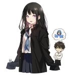  1boy 1girl :d animal_costume artist_name bangs black_hair black_sailor_collar blue_neckwear blue_skirt blunt_bangs borrowed_garments breast_pocket chitanda_eru crossed_arms eyebrows_visible_through_hair gakuran green_eyes highres hyouka jitome long_hair long_sleeves looking_at_viewer mery_(apfl0515) neckerchief open_mouth oreki_houtarou oversized_clothes penguin_costume pleated_skirt pocket sailor_collar school_uniform serafuku shirt signature simple_background skirt sleeves_past_fingers sleeves_past_wrists smile tareme thought_bubble unbuttoned violet_eyes white_background white_shirt 