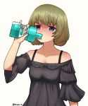  1girl bare_shoulders black_dress blue_eyes blush bra_strap breasts cleavage commentary detached_sleeves dress drinking english_commentary green_hair heterochromia highres idolmaster idolmaster_cinderella_girls jacy medium_breasts mole mole_under_eye mouthwash short_hair simple_background solo strapless strapless_dress takagaki_kaede tareme twitter_username upper_body v-shaped_eyebrows white_background wide_sleeves 