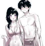  &gt;:( 1boy 1girl :o angry bangs bare_shoulders bikini blush breasts chitanda_eru cleavage closed_mouth collarbone couple female_swimwear frilled_bikini_top frills green_eyes hair_between_eyes holding_arm hyouka kadokawa_shoten kuudere kyoto_animation looking_at_viewer love male_swimwear medium_breasts mery_(apfl0515) moe navel open_mouth oreki_houtarou ponytail purple_theme shirtless simple_background solo stomach summer sweat swim_trunks swimsuit swimwear tareme towel upper_teeth v-shaped_eyebrows violet_eyes white_background 