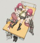  1boy 2girls black_boxer_briefs black_legwear blindfold bottle boxers clothes_removed devola dirty footwear_removed healing highres knee_pads licking_lips long_hair lying multiple_girls navel nier_(series) nier_automata on_back popola redhead shinya_komi shoes silver_hair single_shoe smile stomach tongue tongue_out unconscious underwear yorha_no._9_type_s 