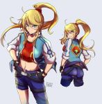  angry ass belt blonde_hair blue_eyes breasts contemporary denim gurepyon jacket jeans metroid mole mole_under_mouth navel nintendo pants ponytail samus_aran solo super_smash_bros. 