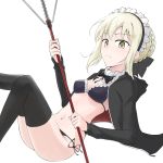  1girl :&lt; apron artoria_pendragon_(all) artoria_pendragon_(swimsuit_rider_alter) bangs bikini black_bikini black_bikini_bottom black_bikini_top black_legwear blonde_hair blush bow bowtie braid breasts commentary_request dress eyebrows_visible_through_hair fate/grand_order fate_(series) frills from_side highres holding jacket long_sleeves looking_at_viewer maid_bikini maid_headdress medium_breasts navel open_clothes ribbon saber_alter short_hair side-tie_bikini simple_background solo swimsuit tatsu_(tanishi_24) thigh-highs white_background yellow_eyes 