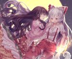  2girls bangs black_hair blush bow cat commentary_request fangs fire floral_print fujiwara_no_mokou full_moon hair_bow highres houraisan_kaguya kemo_chiharu long_hair long_sleeves looking_at_another midriff moon multiple_girls open_mouth overalls pants profile red_eyes red_pants shirt short_sleeves signature torn_clothes torn_sleeves touhou very_long_hair wavy_hair white_hair white_shirt wide_sleeves 