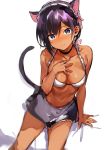  1girl absurdres animal_ears apron arm_at_side bare_arms bare_shoulders bikini_top black_choker black_skirt blue_eyes blush breasts cat_ears cat_tail choker cleavage closed_mouth collarbone commentary_request copyright_request fake_animal_ears hairband hand_on_own_chest head_tilt highres konbu_wakame looking_at_viewer medium_breasts miniskirt mole mole_under_eye navel nose_blush purple_hair purple_hairband short_hair simple_background sitting sketch skirt smile solo stomach swimsuit tail waist_apron white_apron white_background white_bikini_top 
