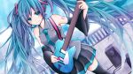  1girl amplifier blue_eyes blue_hair detached_sleeves electric_guitar guitar hatsune_miku headphones highres instrument long_hair nanase_eka necktie rooftop skirt sky solo thigh-highs twintails very_long_hair vocaloid 