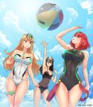  3girls absurdres adapted_costume afba arm_at_side arm_support armpits artist_name ass_visible_through_thighs ball bangs bare_arms bare_shoulders beachball black_headwear black_swimsuit blonde_hair blue_sky breasts casual_one-piece_swimsuit choker circlet cleavage clouds collarbone commentary commission covered_navel day dual_persona earrings english_commentary eyebrows_visible_through_hair gem hair_between_eyes hat highres mythra_(xenoblade) pyra_(xenoblade) impossible_clothes impossible_swimsuit jewelry large_breasts long_hair looking_up meleph_(xenoblade) multiple_girls nintendo one-piece_swimsuit orange_eyes outdoors parted_lips peaked_cap pixiv_id red_eyes redhead see-through signature sky small_breasts smile straight_hair strapless strapless_swimsuit striped sunlight swept_bangs swimsuit thigh_gap thigh_strap tossing v-shaped_eyebrows vertical-striped_swimsuit vertical_stripes very_long_hair white_choker white_swimsuit xenoblade_(series) xenoblade_2 yellow_eyes 