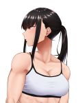  1girl amane_a_(007_uiro) bare_shoulders black_hair blush breasts cleavage highres long_hair midriff original ponytail sidelocks simple_background solo sports_bra violet_eyes white_background 