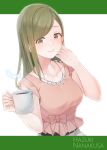  1girl arm_up bangs belt blouse breasts brown_eyes character_name coffee_mug collarbone commentary_request cup eyebrows_visible_through_hair feathers green_hair hand_in_hair head_tilt highres holding holding_cup idolmaster idolmaster_shiny_colors jewelry letterboxed long_hair looking_at_viewer medium_breasts mug nanakusa_hazuki necklace parted_bangs pekoni_(peconi) pink_blouse short_sleeves simple_background smile solo upper_body very_long_hair white_background 