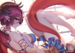  1girl ahoge bandaged_hand bare_legs bare_shoulders barefoot blush breasts dragon_girl dragon_horns dragon_tail dragon_wings from_side granblue_fantasy grea_(shingeki_no_bahamut) hair_between_eyes hand_on_own_chest hong_(white_spider) horns indoors large_breasts legs_up looking_at_viewer lying on_back parted_lips patreon_username pointy_ears purple_hair red_eyes short_hair signature skirt solo sunlight tail window wings 