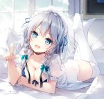  1girl :d bangs black_ribbon blue_bra blue_eyes blush bow bra braid breasts cleavage collarbone collared_shirt commentary_request day eyebrows_visible_through_hair feet feet_up hair_bow hand_up head_tilt headdress index_finger_raised izayoi_sakuya lace_trim large_breasts legs_crossed legs_up light_particles long_hair looking_at_viewer lying maid_headdress medium_breasts mochizuki_shiina no_shoes on_bed on_stomach open_clothes open_mouth open_shirt pillow pointing pointing_at_viewer puffy_short_sleeves puffy_sleeves ribbon shirt short_hair short_sleeves silver_hair smile solo thigh-highs thighs touhou twin_braids underwear white_legwear white_shirt window 