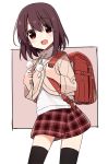  1girl :d backpack bag brown_eyes brown_hair character_request highres looking_at_viewer medium_hair open_mouth plaid plaid_skirt randoseru saki shisoneri simple_background skirt smile solo thigh-highs 