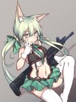  1girl :p animal_ear_fluff animal_ears art556_(girls_frontline) bangs bare_shoulders blush bow brown_eyes cat_ears commentary_request crop_top eyebrows_visible_through_hair girls_frontline gloves green_bow green_hair green_skirt grey_background gun hair_between_eyes hair_bow highres knee_up long_hair midriff navel no_shoes object_namesake pleated_skirt shinopoko shirt sitting skirt sleeveless sleeveless_shirt solo taurus_art556 thigh-highs tongue tongue_out twintails very_long_hair weapon white_gloves white_legwear white_shirt 