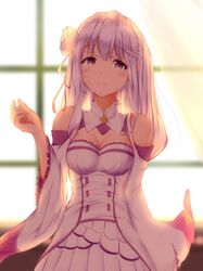  1girl blush braid breasts choker cleavage crown_braid detached_sleeves emilia_(re:zero) eyebrows_visible_through_hair flower frilled_sleeves frills hair_flower hair_ornament hair_ribbon highres kenkano long_hair long_sleeves looking_at_viewer medium_breasts pleated_skirt pointy_ears re:zero_kara_hajimeru_isekai_seikatsu ribbon silver_hair skirt smile solo standing violet_eyes white_flower white_skirt white_sleeves wide_sleeves 