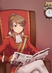  1girl absurdres armchair brown_hair chair clock english_text girls_frontline gloves green_eyes highres holding_newspaper huge_filesize idw_(girls_frontline) jacy lee-enfield_(girls_frontline) looking_away meme parody parted_lips ponytail sitting solo thigh-highs tom_and_jerry ump9_(girls_frontline) wall_clock white_gloves white_legwear 