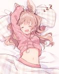  1girl :d animal_ears arms_up bangs bed_sheet blush brown_hair closed_eyes commentary_request drawstring drooling eyebrows_visible_through_hair facing_viewer jacket kurokuma_(kuro_kumagaya) long_hair long_sleeves lying navel on_back open_mouth original pillow pink_jacket plaid polka_dot_jacket pom_pom_(clothes) rabbit_ears sleeping sleeves_past_wrists smile solo stomach under_covers zzz 