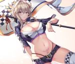  1girl artoria_pendragon_(all) artoria_pendragon_(lancer_alter) blonde_hair blush braid breasts cenangam choker cleavage cleavage_cutout dutch_angle eyebrows_visible_through_hair fate/grand_order fate_(series) flag highleg highleg_panties highres large_breasts looking_at_viewer midriff navel panties pubic_tattoo racequeen short_shorts shorts shrug_(clothing) simple_background skindentation solo standard_bearer standing tattoo thigh-highs underwear white_background wristband yellow_eyes 