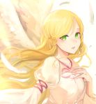  1girl blonde_hair feathered_wings feathers fire_emblem fire_emblem:_akatsuki_no_megami fire_emblem:_souen_no_kiseki green_eyes haru_(nakajou-28) leanne long_hair nintendo parted_lips simple_background solo upper_body white_background wings 