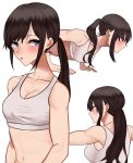  1girl amane_a_(007_uiro) back bare_shoulders blue_eyes blush breasts brown_hair cleavage exercise highres long_hair looking_at_viewer midriff navel original parted_lips ponytail push-ups simple_background solo sports_bra sweat white_background 