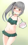  1girl :o arms_behind_back ass_visible_through_thighs bangs bare_shoulders bikini blush breasts collarbone commentary_request eyebrows_visible_through_hair frilled_bikini frills grey_hair hair_between_eyes kantai_collection kasumi_(kantai_collection) long_hair looking_away minamura_haruki navel open_mouth simple_background small_breasts solo spoken_blush standing sweat sweatdrop swimsuit yellow_eyes 