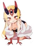  1girl all_fours bikini black_bikini black_earrings blonde_hair blush commentary_request earrings facial_mark facial_tattoo fate/grand_order fate_(series) forehead_mark full_body horns ibaraki_douji_(fate/grand_order) jewelry licking_lips long_hair looking_at_viewer oni_horns orange_eyes seu_9(banya) shoulder_tattoo sidelocks simple_background solo swimsuit tattoo tongue tongue_out white_background 