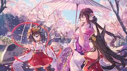  3girls :d :o animal_ears artist_request azur_lane bare_shoulders black_hair black_legwear blue_butterfly blue_sky board breasts brown_eyes brown_hair bug building bulletin_board butterfly butterfly_on_nose cherry_blossoms chihaya_(clothing) choker clenched_hand closed_eyes collaboration commentary_request curious detached_sleeves dress expressions flag fox_ears frilled_dress frilled_hakama frilled_kimono frills furisode hair_ornament hair_ribbon hakama hakama_skirt hand_up horns insect japanese_clothes kanagawa_prefecture kanzashi kimono laughing long_hair looking_at_animal medium_breasts mikasa_(azur_lane) miko multiple_girls mutsu_(azur_lane) nagato_(azur_lane) official_art open_mouth oriental_umbrella petals pose purple_kimono red_hakama red_ribbon ribbon road road_sign scenery short_hair sign sky small_breasts smile stone stone_sign thigh-highs tree umbrella very_long_hair white_hakama 