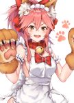  1girl :d absurdres animal_ear_fluff animal_ears apron bangs bare_shoulders bell bell_collar black_cola blush_stickers bow breasts brown_gloves brown_hair cat_hair_ornament collar commentary_request eyebrows_visible_through_hair fang fate/grand_order fate_(series) fox_ears gloves hair_between_eyes hair_bow hair_ornament heart heart-shaped_pupils high_ponytail highres jingle_bell long_hair looking_at_viewer maid_headdress medium_breasts naked_apron open_mouth paw_gloves paws pink_hair ponytail red_bow red_collar sideboob sidelocks simple_background smile solo symbol-shaped_pupils tamamo_(fate)_(all) tamamo_cat_(fate) white_apron white_background 