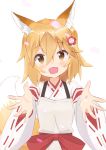  1girl :d animal_ear_fluff animal_ears blonde_hair blush brown_eyes commentary_request derivative_work fang flower fox_ears fox_girl fox_tail grey_apron hair_flower hair_ornament head_tilt japanese_clothes kimono looking_at_viewer open_mouth outstretched_arms red_flower ribbon_trim senko_(sewayaki_kitsune_no_senko-san) sewayaki_kitsune_no_senko-san simple_background smile solo tail tail_raised white_background white_kimono yutsuki_warabi 