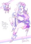  1girl armor bandanna blue_hair breasts cleavage final_fantasy final_fantasy_ii holding jewelry knife knife_holster knife_in_head leila long_hair looking_at_viewer midriff necklace pirate purple_hair reila smile solo violet_eyes weapon 
