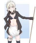  1girl apron aqua_background artoria_pendragon_(all) artoria_pendragon_(swimsuit_rider_alter) bangs bikini black_bikini black_bikini_top black_legwear black_skirt blonde_hair breasts commentary_request dot_nose eyebrows_visible_through_hair fate/grand_order fate_(series) frills frown hair_between_eyes highres holding jacket long_sleeves looking_at_viewer maid_bikini maid_headdress medium_breasts navel open_clothes ribbon short_hair simple_background skirt sleeves_past_wrists solo swimsuit tatsu_(tanishi_24) thigh-highs two-tone_background white_apron white_background yellow_eyes 