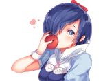  1girl alternate_costume apple black_nails blue_eyes blue_hair bow commentary dress face food fruit g4265059 hair_bow hair_over_one_eye heart holding holding_food holding_fruit kirishima_touka looking_at_viewer nail_polish red_apple short_hair short_sleeves simple_background solo tokyo_ghoul white_background wrist_cuffs 