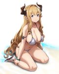  1girl armlet bare_legs bikini blonde_hair blue_eyes bracelet breasts cleavage closed_mouth commentary_request draph full_body granblue_fantasy hair_intakes highres horns houtengeki jewelry kneeling large_breasts long_hair looking_at_viewer navel pointy_ears rastina sidelocks simple_background sitting smile solo string_bikini swimsuit thighs very_long_hair white_bikini 