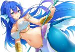  1girl arm_strap bangs bare_shoulders bikini blue_eyes breasts cleavage commentary_request dutch_angle eyebrows_visible_through_hair hair_between_eyes head_fins high_ponytail highres holding holding_staff large_breasts loincloth long_hair looking_at_viewer matsunoki_(unknown_751) mermaid monster_girl navel original showgirl_skirt simple_background solo staff stomach strapless strapless_bikini swimsuit v-shaped_eyebrows very_long_hair white_background white_bikini 