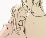  1boy 1girl bangs clenched_teeth closed_eyes couple edward_elric expressionless fingernails forehead_kiss fullmetal_alchemist greyscale hand_on_another&#039;s_head happy hetero igi_(tarqu0ise) kiss long_hair monochrome shirt simple_background smile teeth upper_body white_background winry_rockbell 