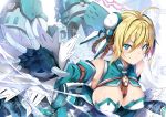  1girl absurdres ahoge armor blonde_hair blue_eyes braid breasts closed_mouth gloves highres jie_laite large_breasts looking_at_viewer mecha_musume original outstretched_hand shiny shiny_skin short_hair smile solo upper_body 