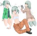  1girl alternate_costume bangs black_footwear blush bow brown_eyes cellphone collarbone commentary covered_navel eyebrows_visible_through_hair green_bow green_hair hair_bow hair_down highres holding holding_cellphone holding_phone kantai_collection long_sleeves midriff multiple_views navel nn_tasu one-piece_swimsuit open_mouth orange_jumpsuit parted_lips phone ponytail smartphone sweat swimsuit tank_top thigh-highs white_background yuubari_(kantai_collection) 