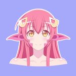  1girl artist_name artsy-rc bare_shoulders blue_background eyebrows_visible_through_hair face fang hair_between_eyes hair_ornament hairclip long_hair looking_at_viewer miia_(monster_musume) monster_girl monster_musume_no_iru_nichijou pointy_ears redhead scales simple_background slit_pupils smile solo yellow_eyes 