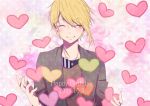  1boy blonde_hair blush brown_jacket brown_shirt character_request closed_eyes collarbone commentary_request copyright_request dated eyebrows_visible_through_hair hanamame happy_birthday heart highres jacket jewelry necklace pink_heart red_heart shirt short_hair smile solo upper_body 