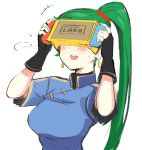  1girl breasts earrings fingerless_gloves fire_emblem fire_emblem:_rekka_no_ken gloves green_eyes green_hair head_mounted_display high_ponytail intelligent_systems jewelry long_hair lyndis_(fire_emblem) nintendo nintendo_labo ormille pelvic_curtain ponytail simple_background smile solo toy-con virtual_reality vr white_background 